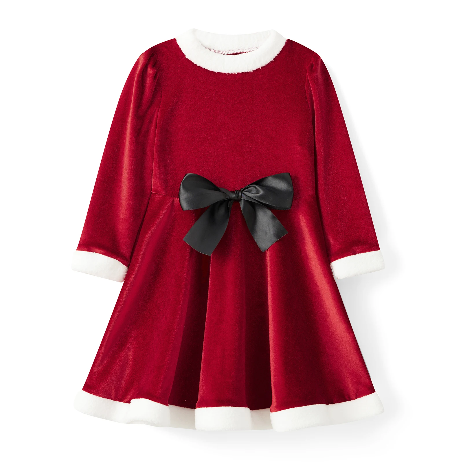 Girls Christmas Velvet Dress Fuzzy Trim Bow Long Sleeve A-line Princess Dress Holiday Costume for Party Stages Cosplay Costumes