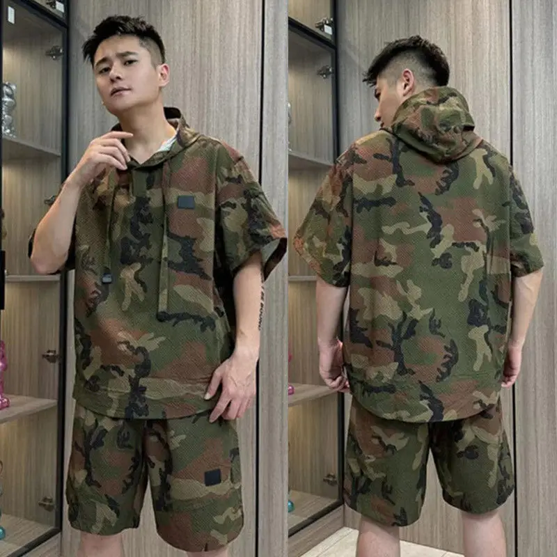 

Summer Thin Printed Simple Sports Hooded Top Shorts Suit Fashion Men's Loose Casual Breathable T-shirts Five-quarter Pants