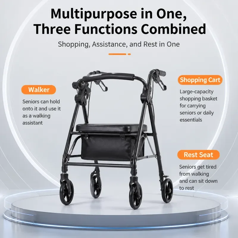 Elderly Trolley Walker with Seat and Brake Wheels Pushable Walking Aid for Seniors and Disabled People