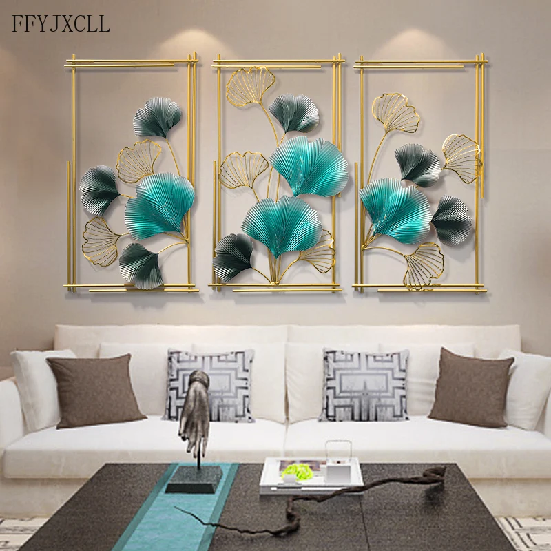 New Chinese Luxury Ginkgo Leaf Triple Wall Pendant Living Room Exhibition Hall Sofa Background Wall Decor Iron Home Decor