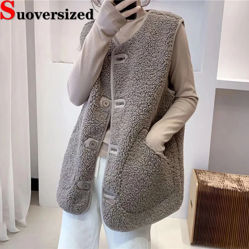 

Big Size 4xl Faux Lambwool Vest Autumn Warm Sleeveless Jackets Elegant Women Single Breasted Waistcoat Thick Teddy Chaleco Mujer