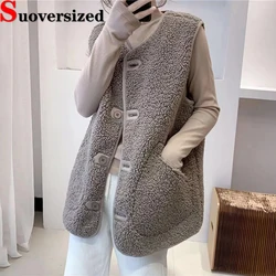 Big Size 4xl Faux Lambwool Vest Autumn Warm Sleeveless Jackets Elegant Women Single Breasted Waistcoat Thick Teddy Chaleco Mujer