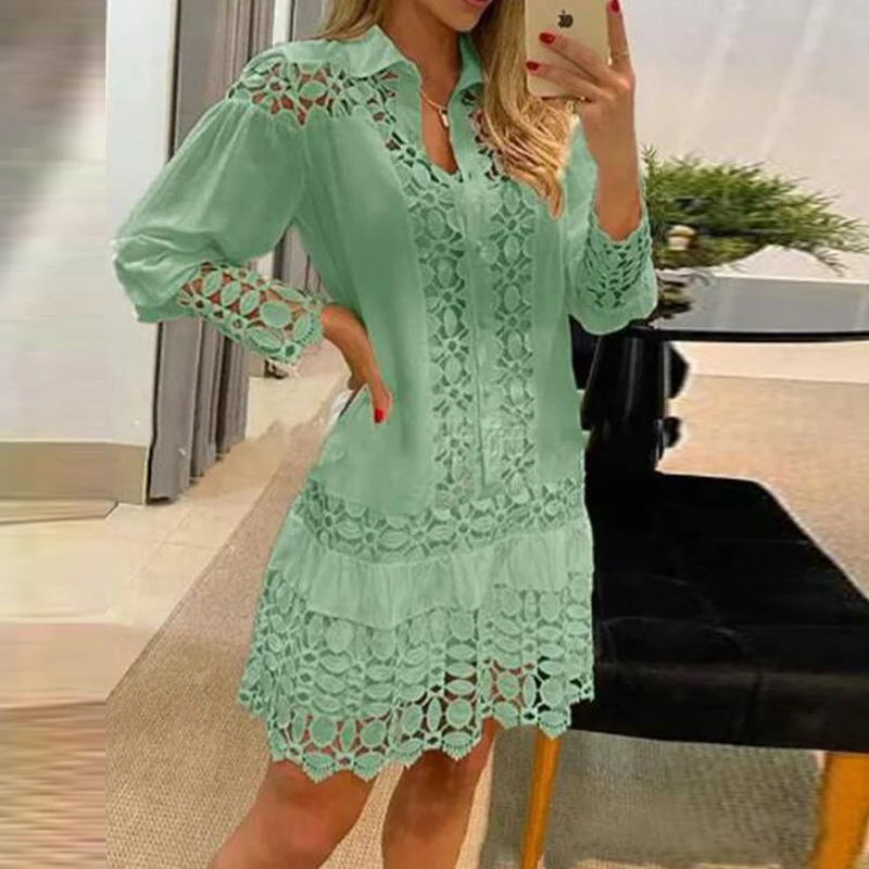 Spring Long Sleeve Button Office A-Line Dress Women Casual Lace Lapel Solid Party Dress Elegant Hollow Embroidered Mature Dress