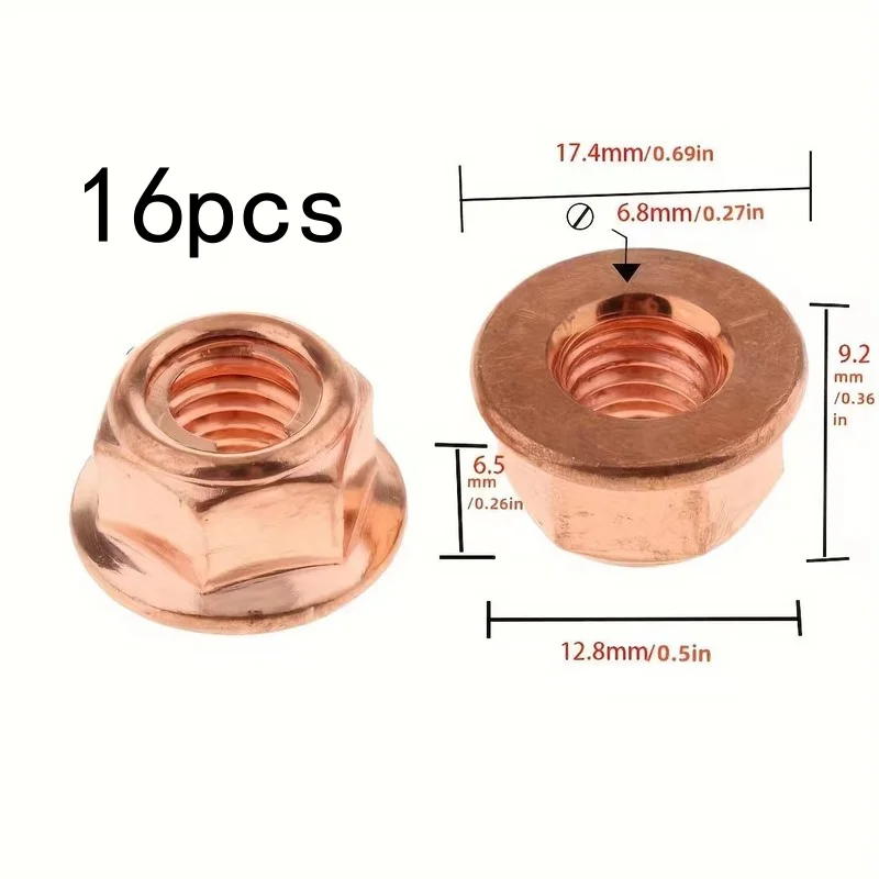 16PCS M8x1.25 Brass Exhaust Manifold Nuts Corr&High-Temp Resistant Auto Engine Repair Fasteners