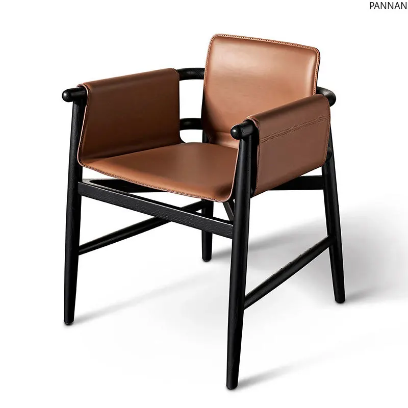 

Nordic solid wood dining chair household Italian minimalist saddle leather backrest casual chair