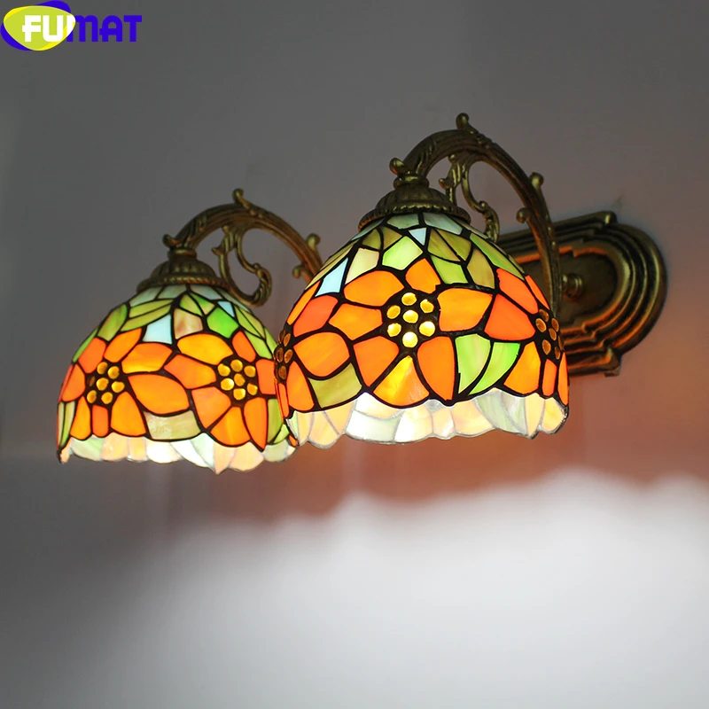 FUMAT Tiffany Style Wall Lamp Bedside Mirror Light Stained Glass Sunflower Wheat Baroque Shade Mermaid Frame Home Art Decor LED