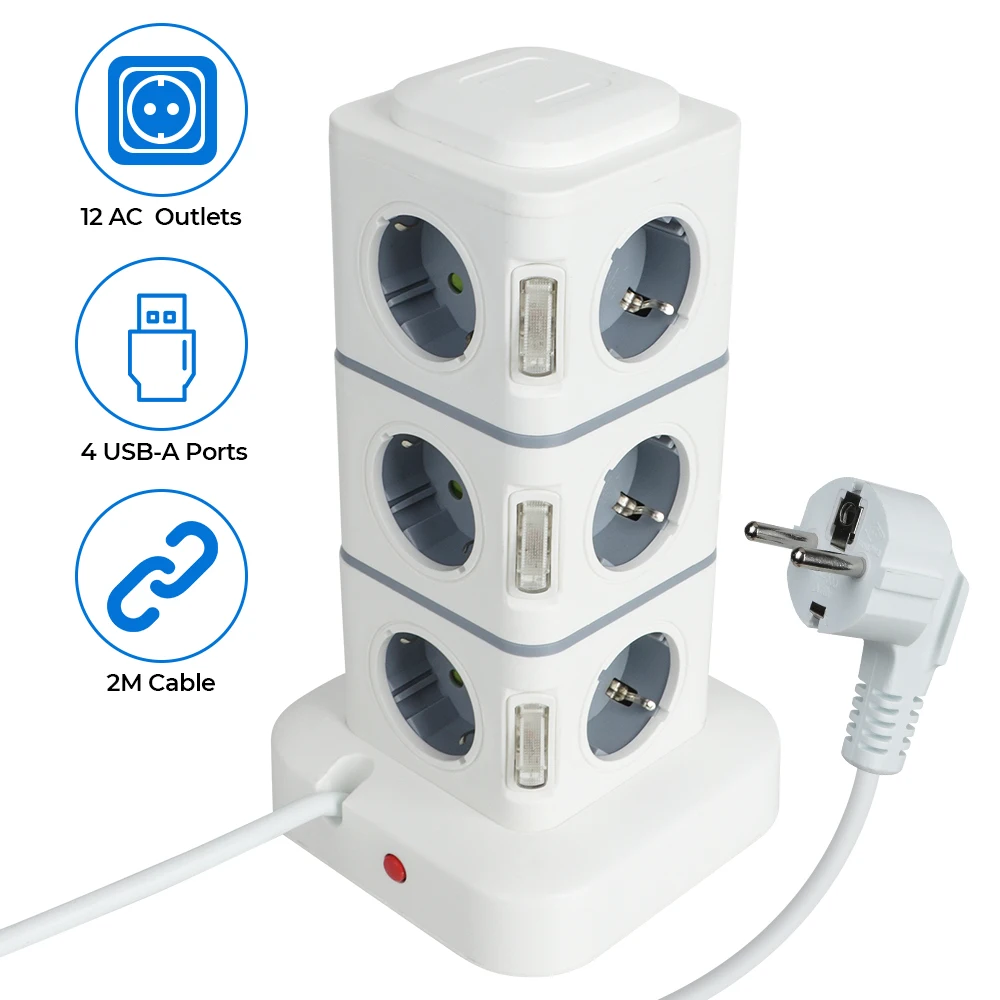 EU Plug 2.8m Extension Cord Tower 12 Way Outlets Socket Multi Power Strip Vertical with 4 USB Overload Protector Switch 5V 3.1A