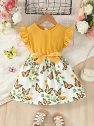 Child Girl Dress Petal Sleeve Patchwork Cute Butterfly Print Dress with Bow Summer Academy Style Dress for Kids Girl 4-7 Years