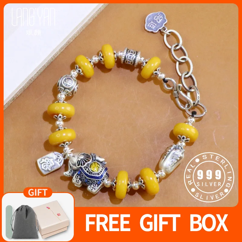 

Langyan 999 Real Silver Lucky Elephant Bracelet for Women Chinese Original Design Bee Wax Amber Beaded Jewelry Accessory SL215