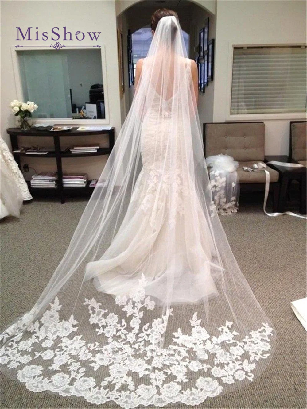 MisShow Ivory Lace Edge Veils for Brides Wedding Accessories Cathedral Embroidered Long Wedding Bridal Veil With Comb