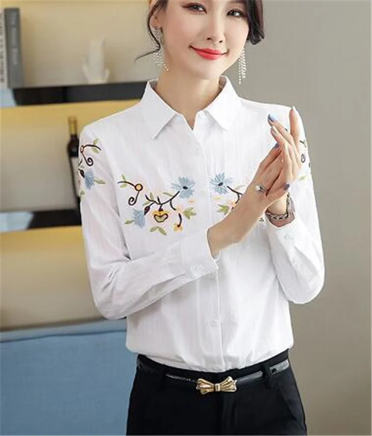 Pure Cotton Embroidered Shirt Women Blouses Retro Blouse National Tops Lapel Long-Sleeve Button Loose All-Match Female Blusa