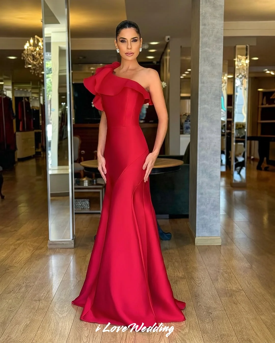Czerwone suknie wieczorowe na jedno ramię 2025 satynowe falbany do podłogi syrenka nowoczesna sukienka koktajlowa suknie ślubne dostosowane