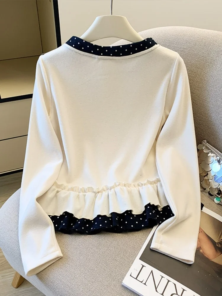 水玉模様の蝶ネクタイ付きロングスリーブTシャツ レディース 秋冬 バレエ風レース ベースシャツ トップス 韓国風 ルーズフィット ウォーキング...