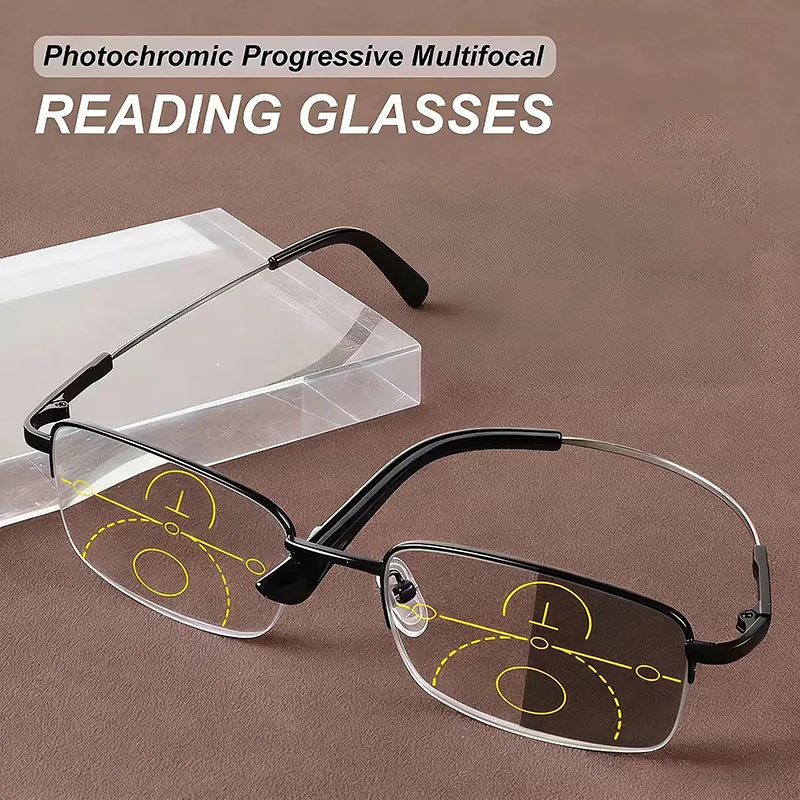 Multifokale Photochrome Progressive Lesebrille für Herren, Antireflexbeschichtete Halbrahmen-Brille, Hochwertige Nah- und Fernsichtbrille