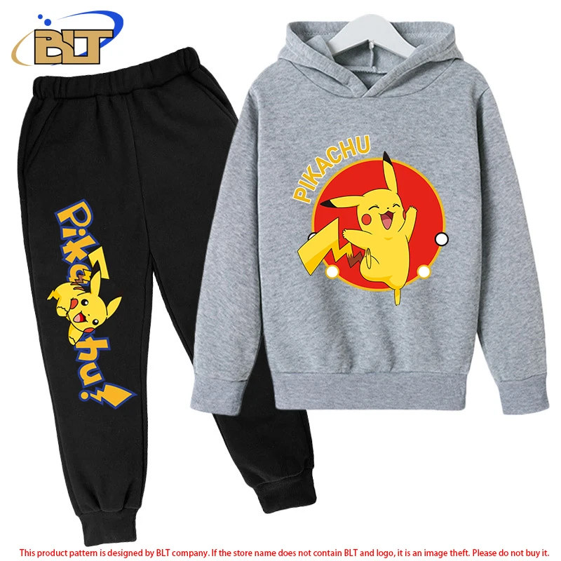 Pikachu children's fleece hoodie suit gray sports sweatshirt pants two-piece suit for boys and girls