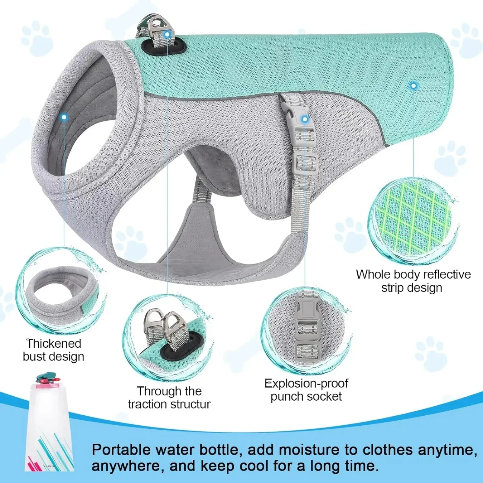 Gilet rinfrescante per cani Giacca rinfrescante per imbracatura per cani con bottiglia d\'acqua portatile per passeggiate per cani, campeggio