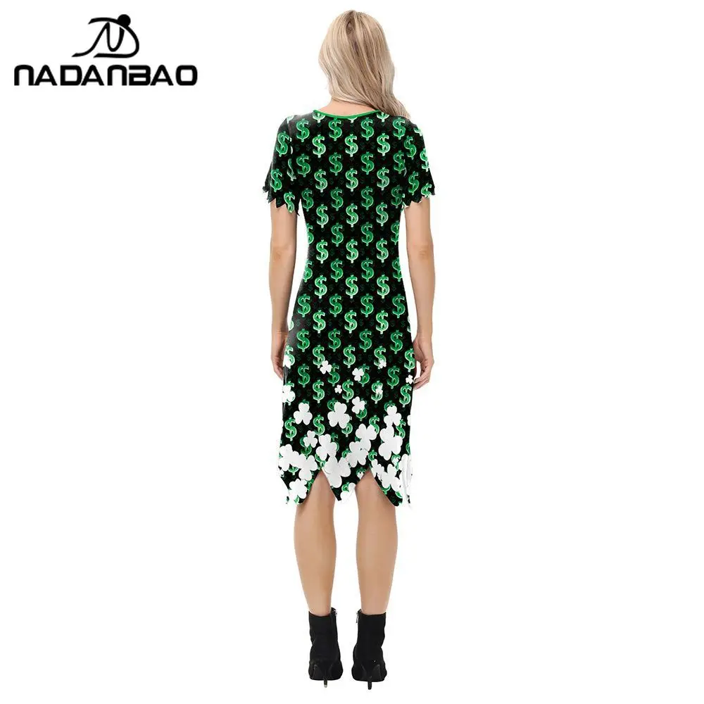 Nadanbao 3D シャムロックプリント グリーンドレス レディース 聖パトリックデー パーティードレス 夏 Vネック イレギュラードレス カジュアル衣装