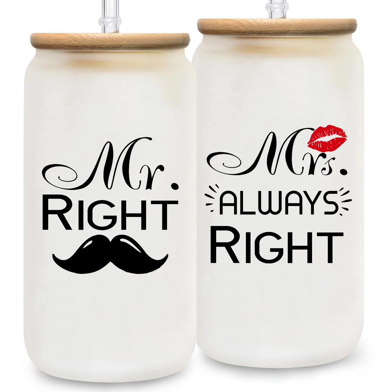 Mr. Right&Mrs. Always Right - Wedding Gift forCouple - 16OZ Glass Can With Bamboo Lids And Straw, Unique Wedding Gift For Bride