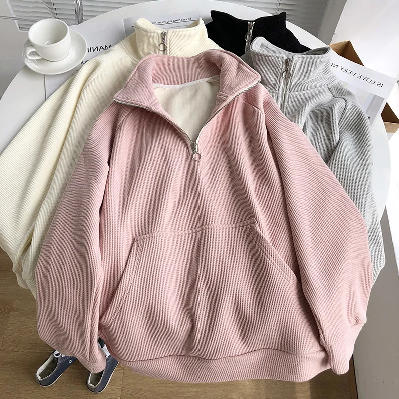 Waffle Sweatshirt Women Stand Collar Zipper Fleece Hoodie Oversized Loose Pullover Autumn Winter Elegant New Female BF Style Top