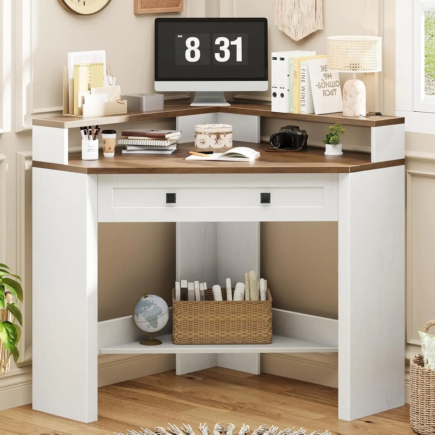 Small Corner Desk Triangle Computer Desk for Small Space Rustic White, Customized