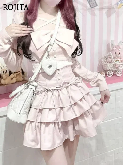 

Lolita Tiered Ruffle Mini Skirt Popular Elastic High Waist Line Bow Lace Stitching Cake Skirt Culottes for Daily Wear