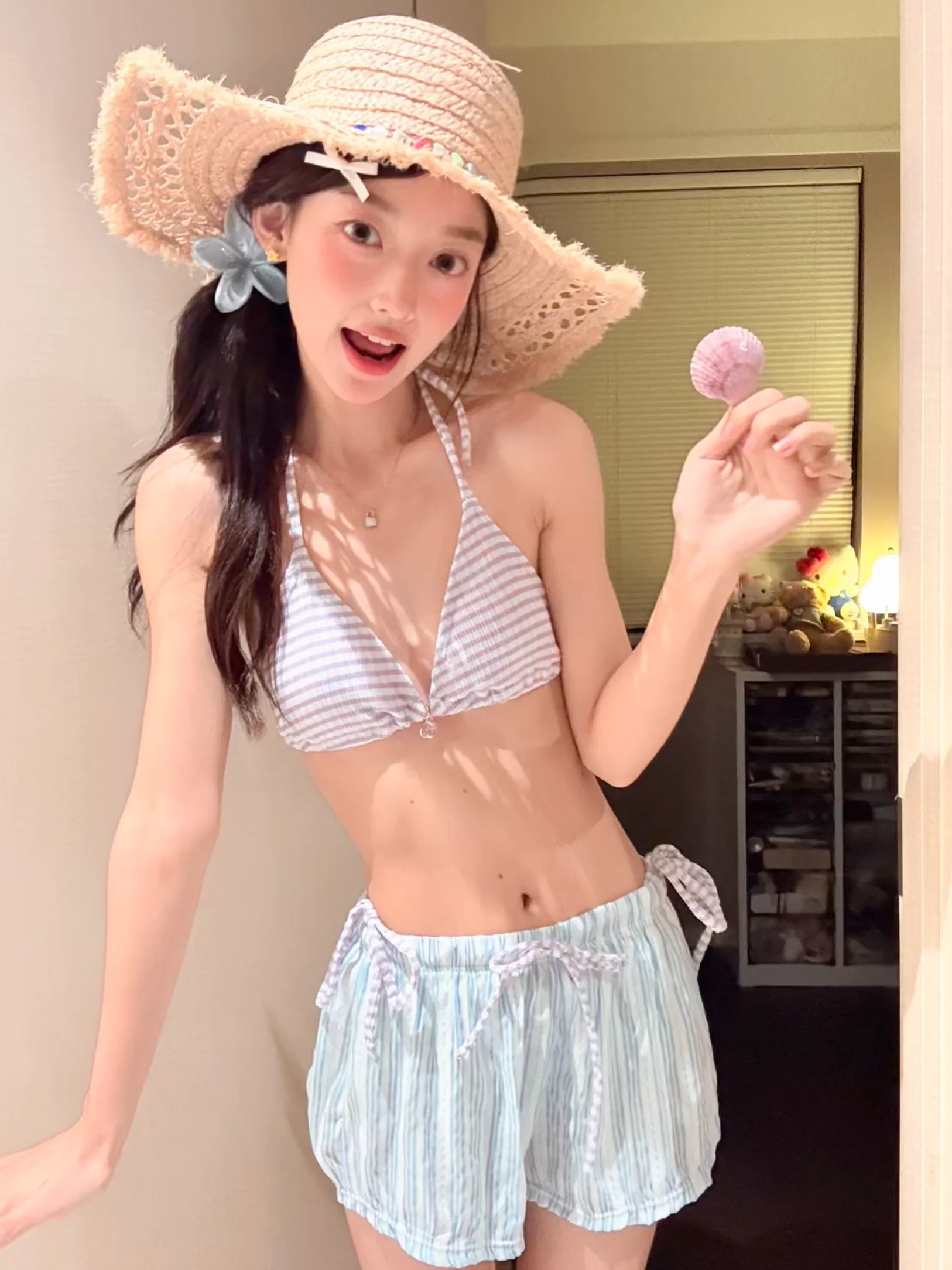 

Фиолетовый полосатый раздельный купальник-бикини для женщин, с эффектом пуш-ап для небольшой груди, для пляжного отдыха и фотосессий, Pure Desire Sle