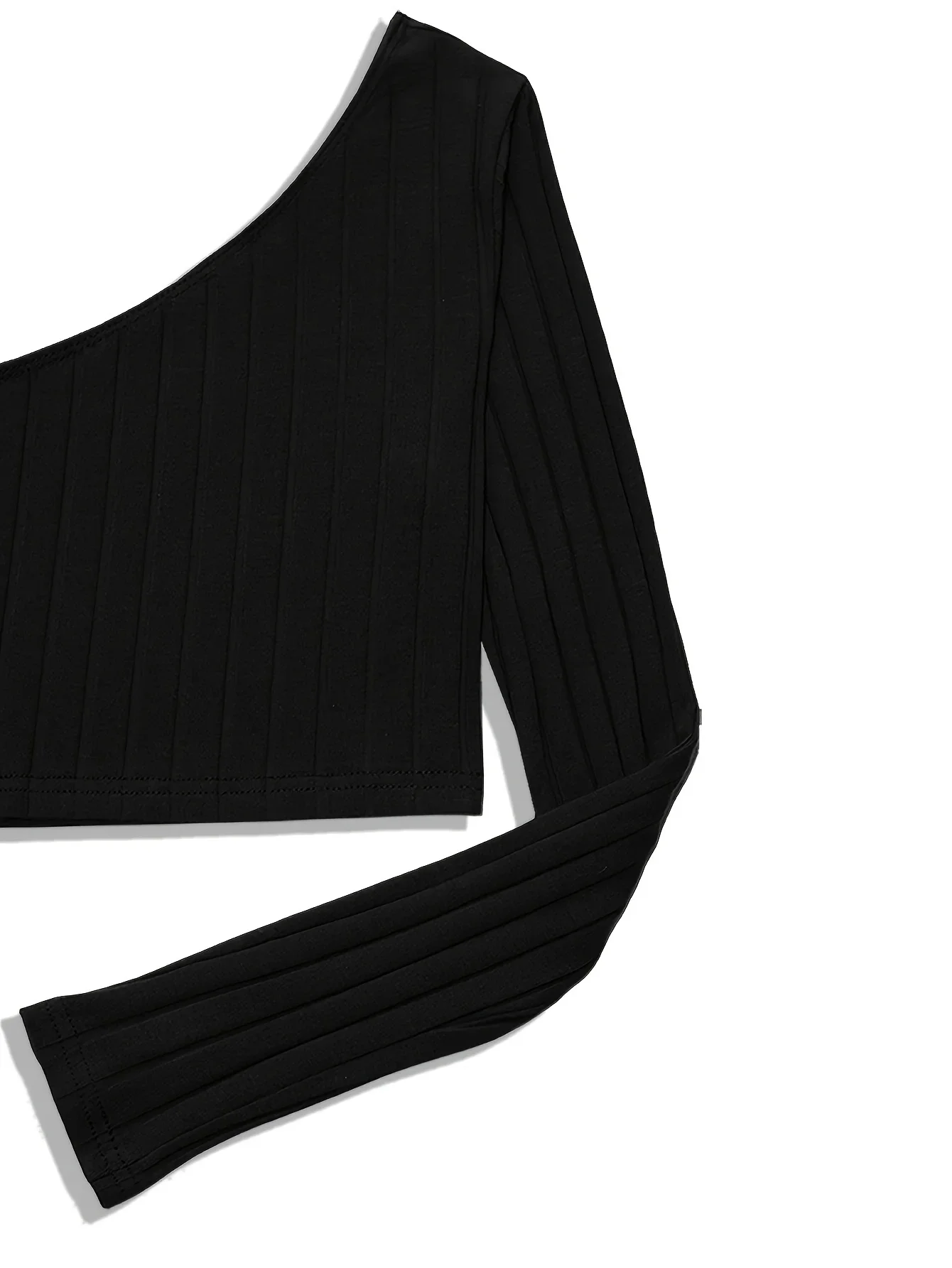 Elegant One-Shoulder Crop Top for Women - Versatile High Stretch Long Sleeve Solid Color Easy-Care