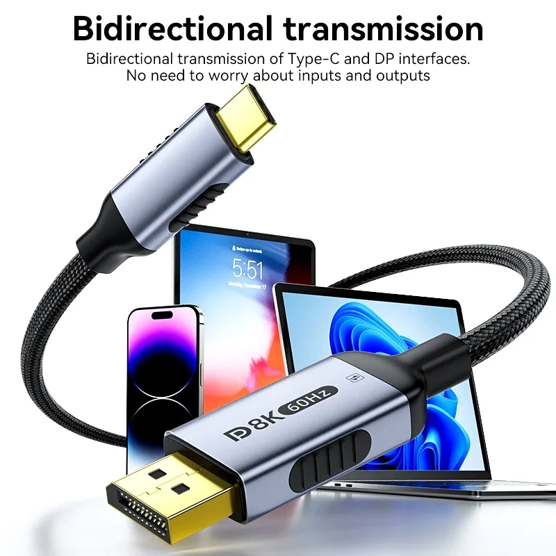 USB C to DP 2.1 Cable 8K@60Hz 4K@144Hz For Thunderbolt 4/3 Type C to DisplayPort 2.1 Cable for MacBook Huawei  Air Projector view 4