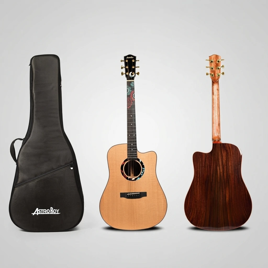 Dreadnought Cutaway Acoustic Guitar Natural Gloss Top Dark Back Gear Inlay Gold Tuners 6 Strings for Beginners, Daily Practice