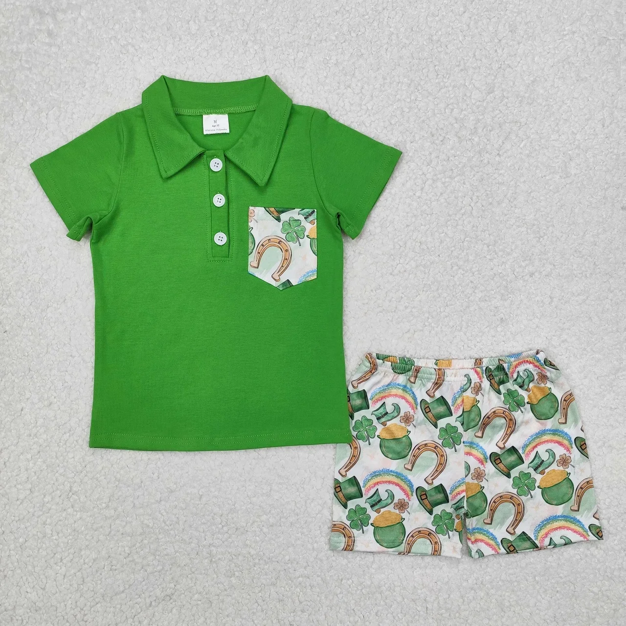 Wholesale Baby Boy Girl Short Sleeves Bow Rainbow Green Cotton Shorts Children Green Set Toddler Kids St. Patrick's Day Outfit