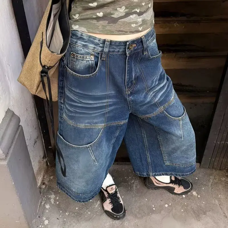2026 Summer Thin Large Size Men's Women's Design Sense Wide Leg Denim Medium Pants Pear Shape Baggy High Waist Cropped Pants