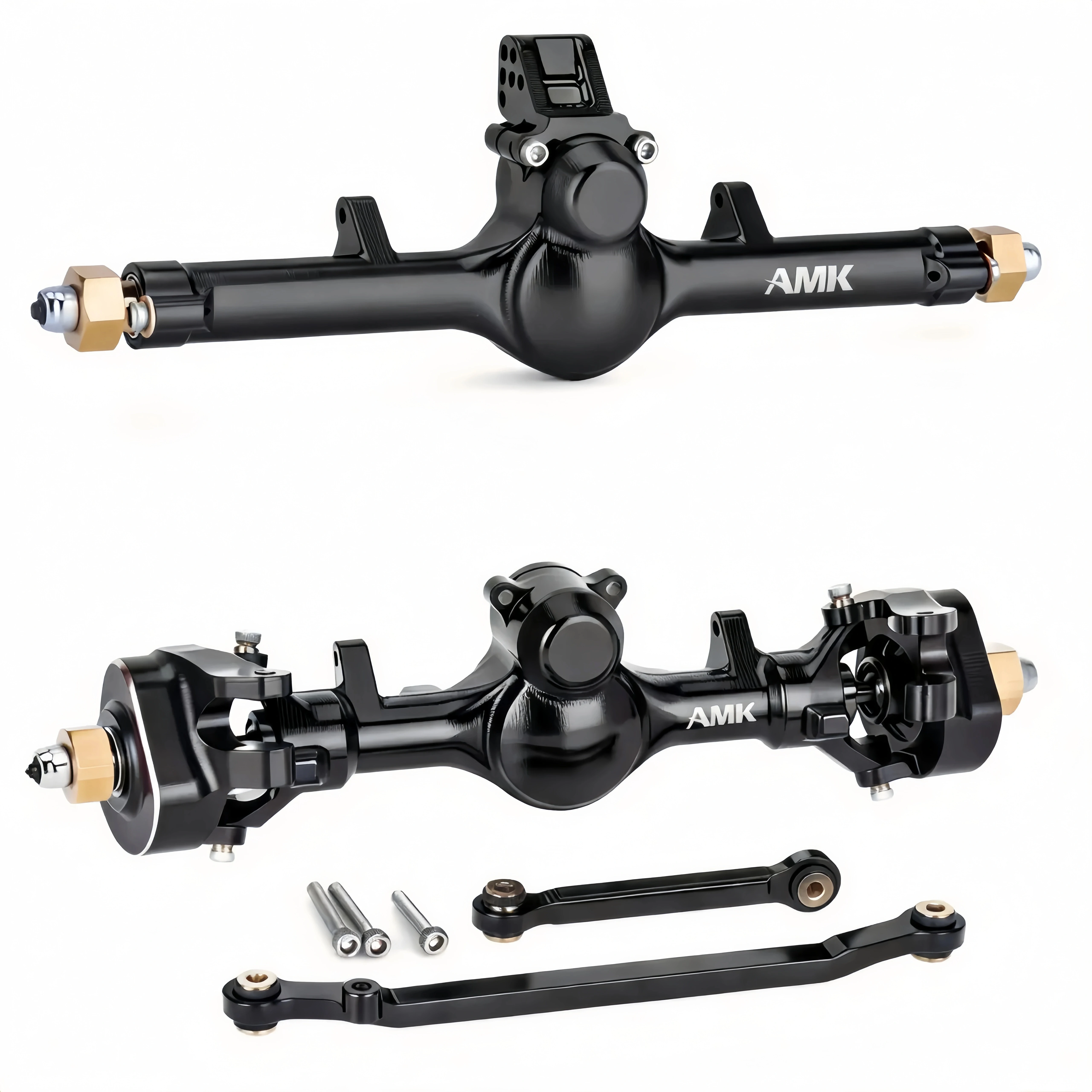 AMK SCX24 Axles +8mm Wide CNC Aluminum Front Rear Axle Set, Brass Knuckles, 3-Section CVD, 52° Steering