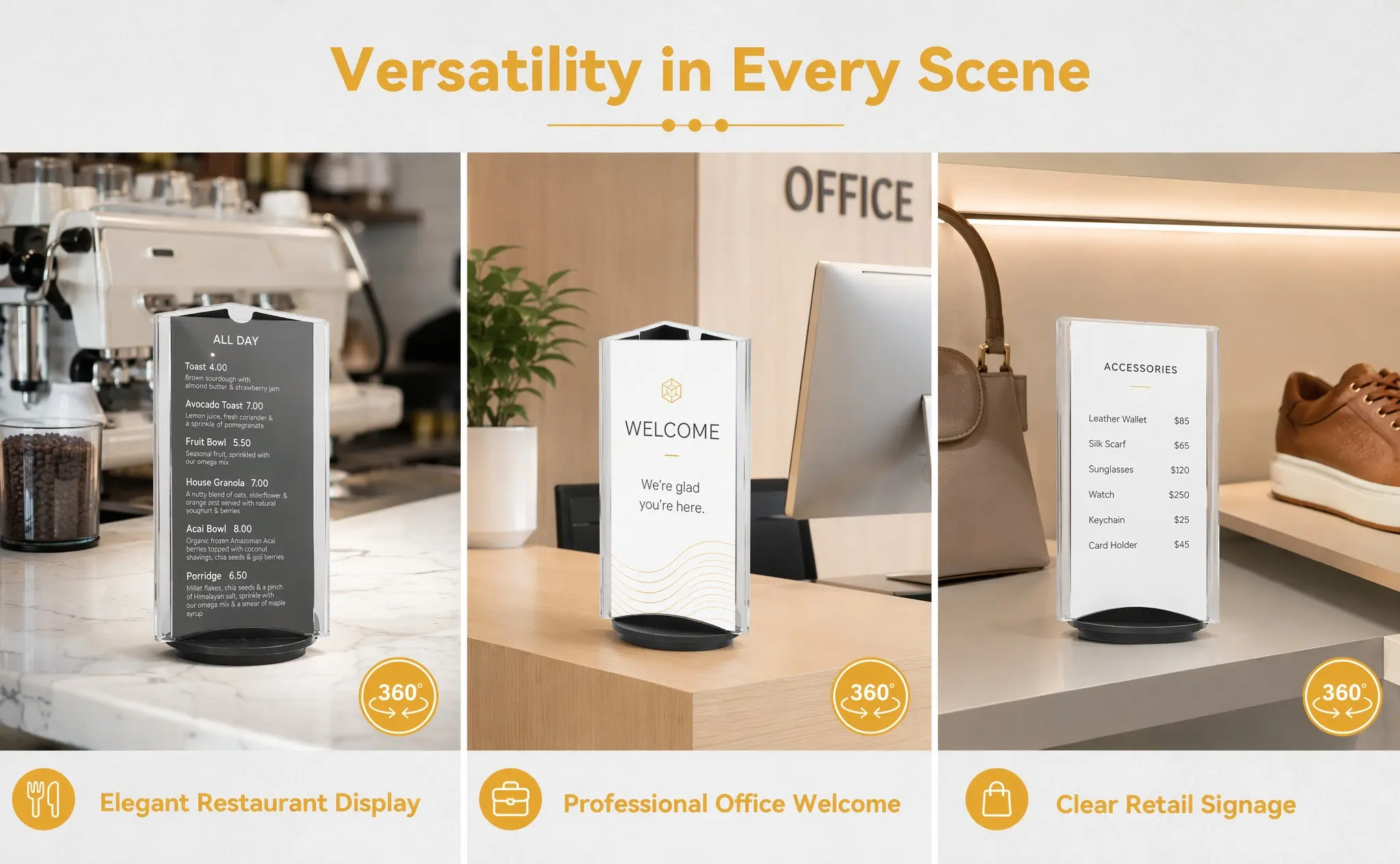 Acrylic Sign Holder Rotatable Menu Display Stand for Restaurants Weddings Exhibitions Tabletop Paper Holder Menu Display Stand