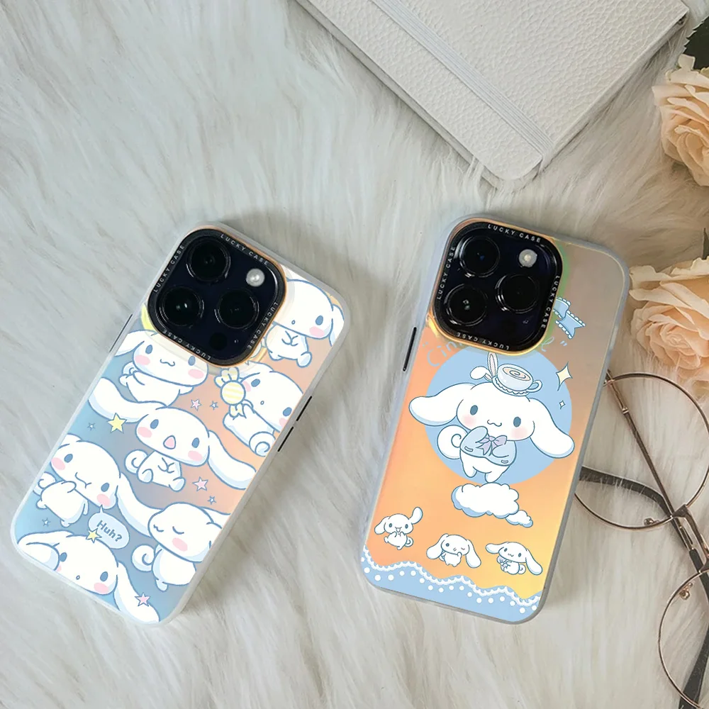 Miniso Cinnamoroll lindo para iPhone 16 15 14 13 12 11 Pro MAX Plus IMD camaleón láser funda de teléfono