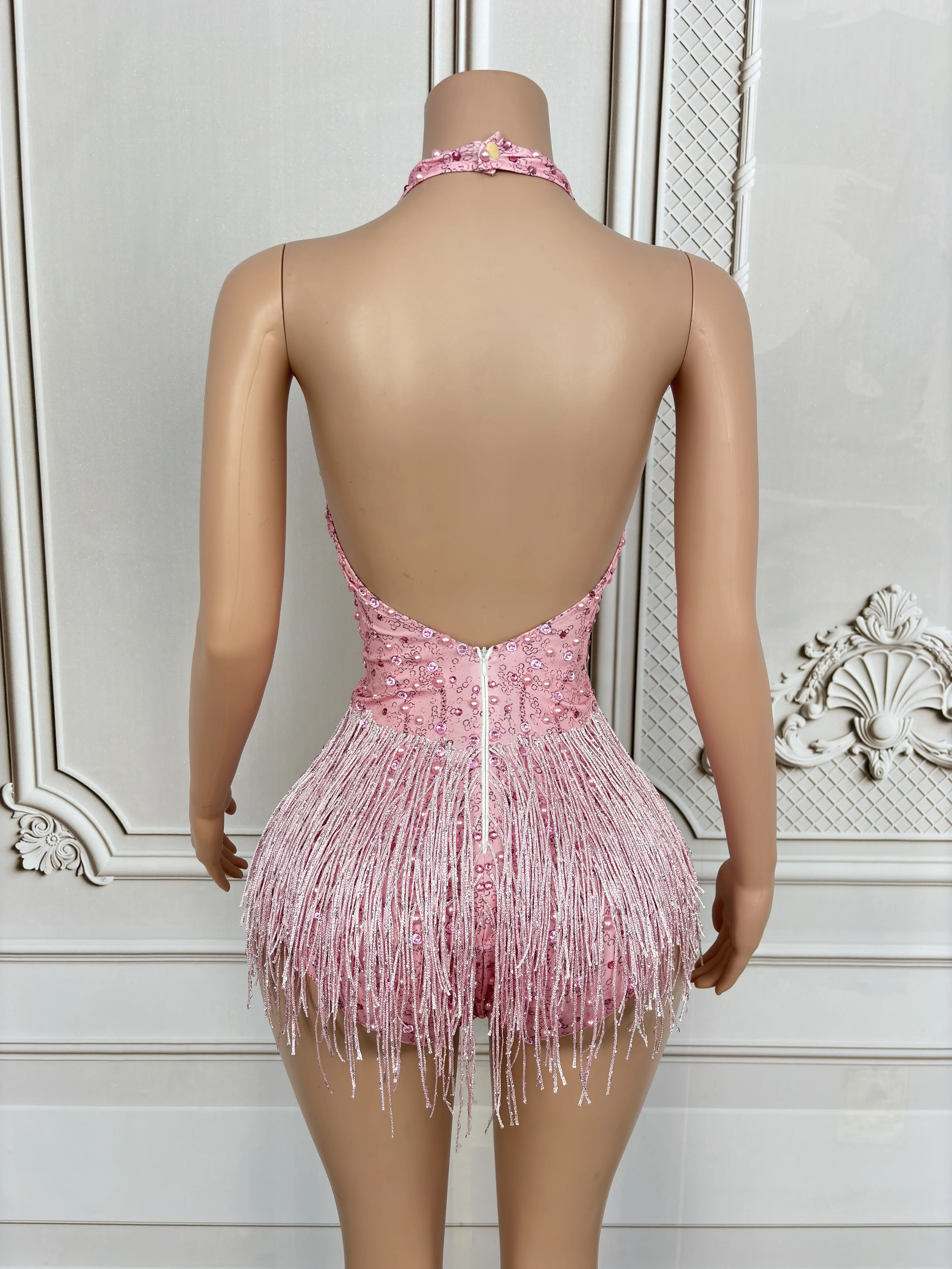 Sexy Sparkly Rhinestones Pearls Fringes Bodysuit Deep V Neck Backless Performance Dance Costume  Dancer Stage Wear Club Outfit