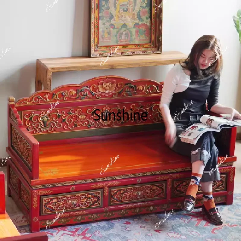 Solid wood carved cross-legged meditation chair Arhat bed B & B retro