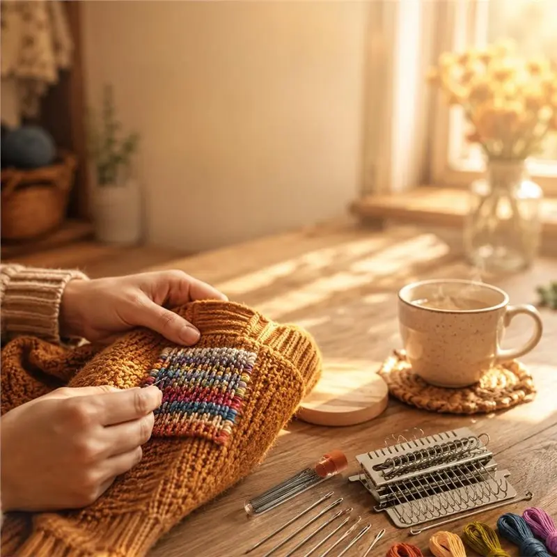 TFORU-Mini Darning Kit Clothes Repair Tool Weaving Machine For Visible Mending Needles And Colorful Threads