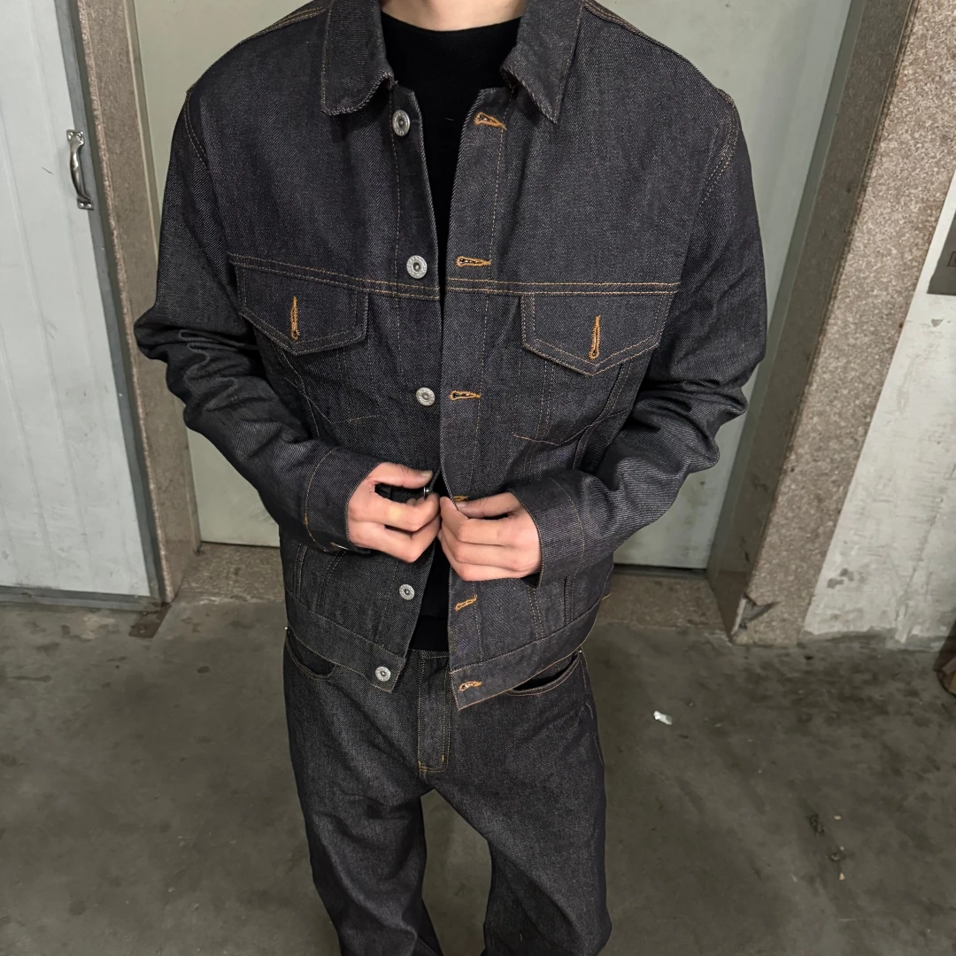 2026 Spring and Autumn Men's Jacket Solid Color Anti-fading Fabric Fit Version Stiff Denim Jacket Men's Black Denim