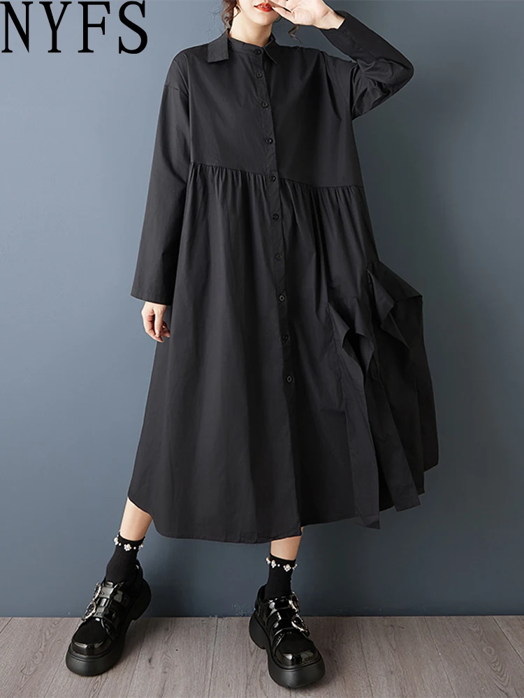 NYFS losse plus size effen lange jurk lente herfst 2026 vintage damesgewaad shirtjurk met lange mouwen