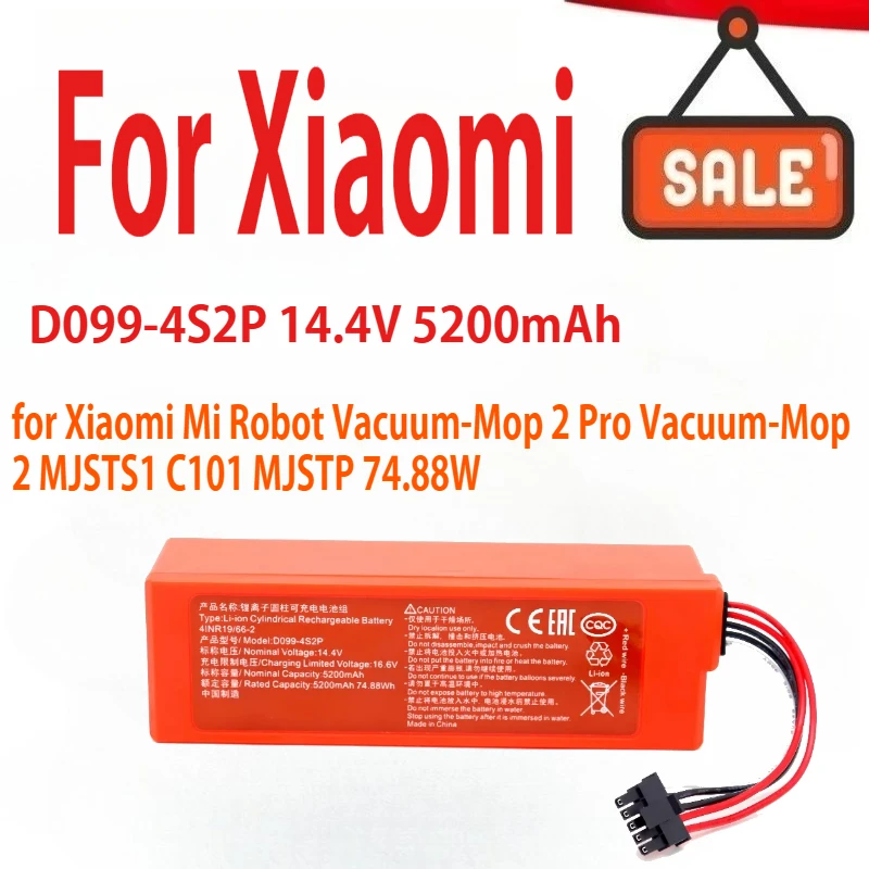 

14.4V 5200mAh Replacement D099-4S2P Battery For Xiaomi Mi Robot Vacuum-Mop 2 Pro Vacuum-Mop 2 MJSTS1 C101 MJSTP 74.88W