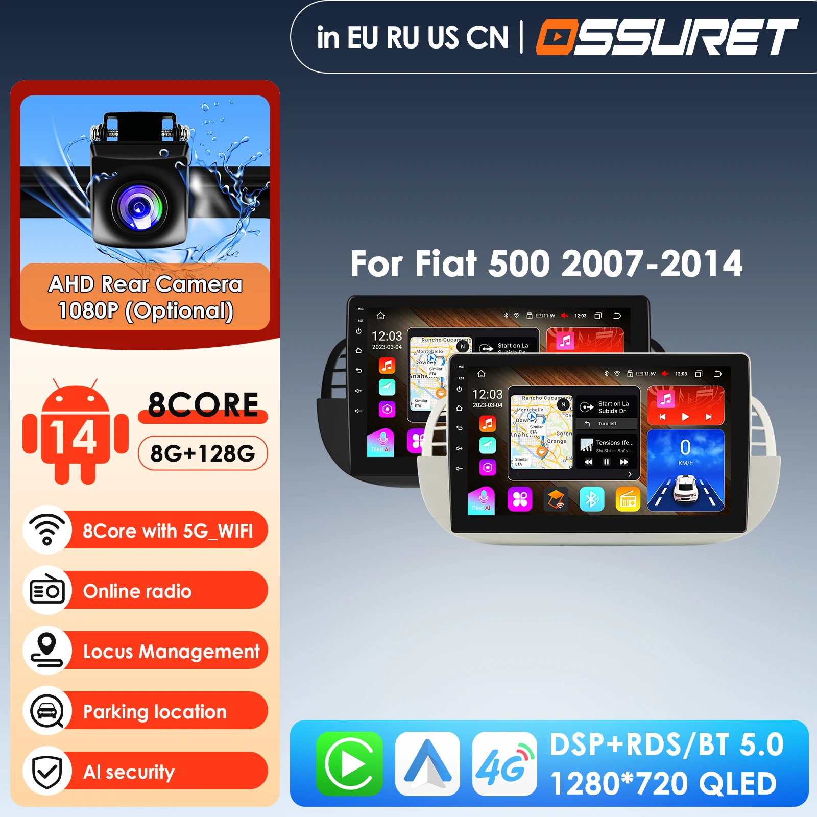 

7"HD Touch Screen Quad Core Android 14 Car DVD Player For FIAT 500 Radio GPS DSP WIFI 4G Bluetooth Steering Wheel Control Stereo