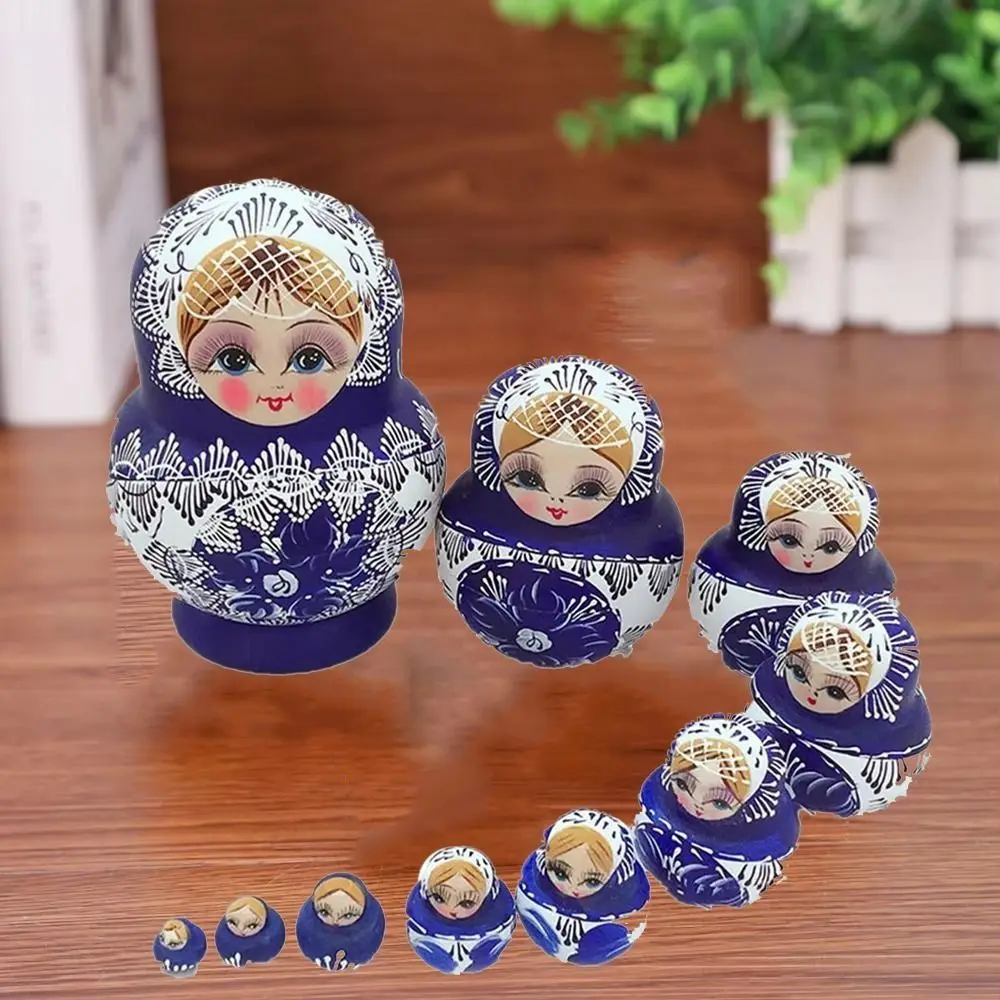 

10Pcs/Set Wood Russian Nesting Dolls 10 Layer Handmade Matryoshka Wooden Doll Toys Cartoon Blue Floral Print Stacking Dolls
