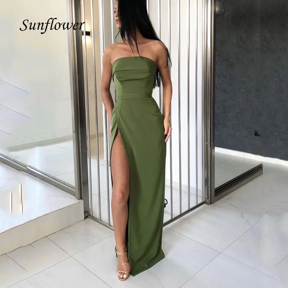 

Sunflower strapless olive green slit long ball gown