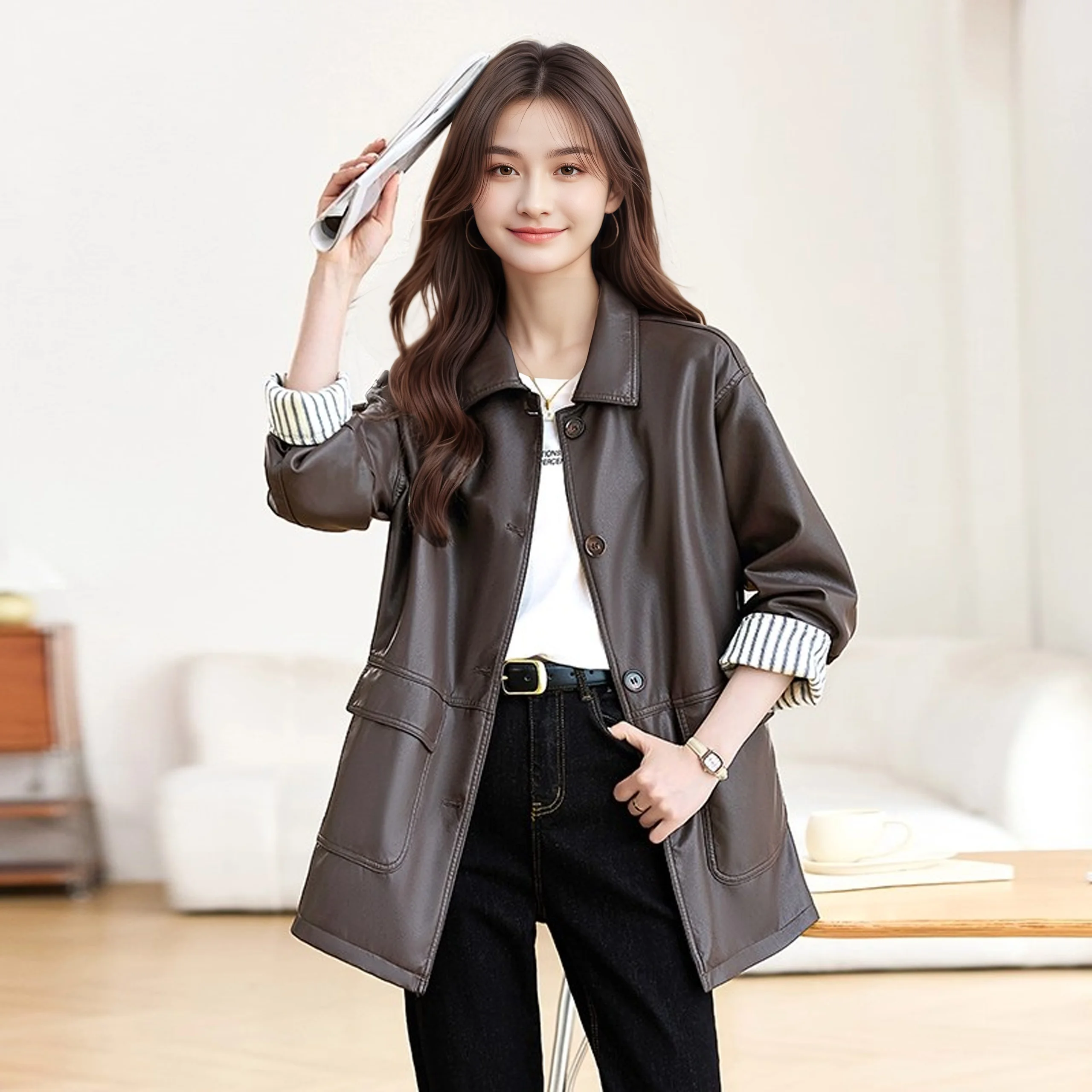 

Женское кожаное тюнер средней длины, повседневное винтажное пальто с отложным воротником из Гонконга, свободного кроя, осень-зима, элитное винтажное пальто