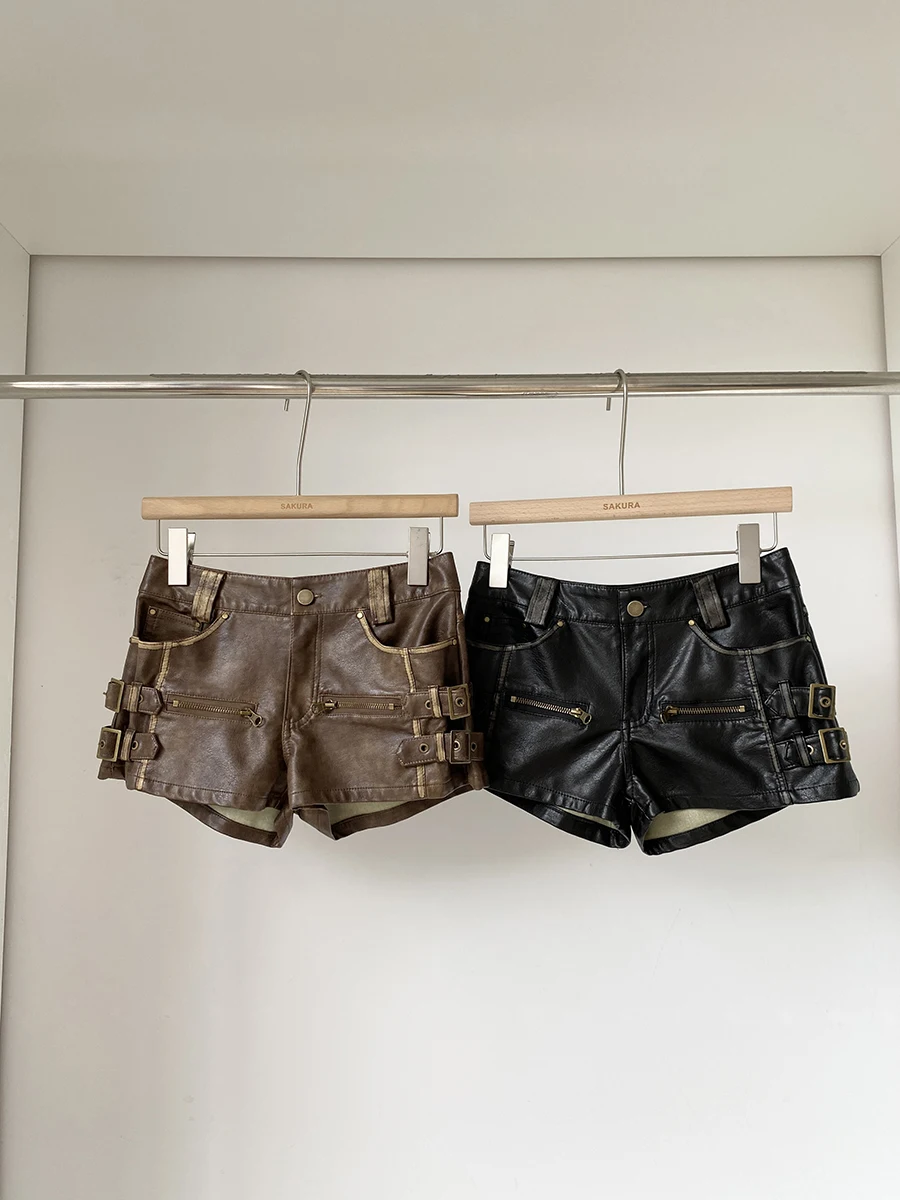 2025年夏新作 アメリカンスタイル レトロ ローウエスト PUレザー ショートパンツ レディース デザイン スリムフィット お尻カバー ホットパンツ トレンド