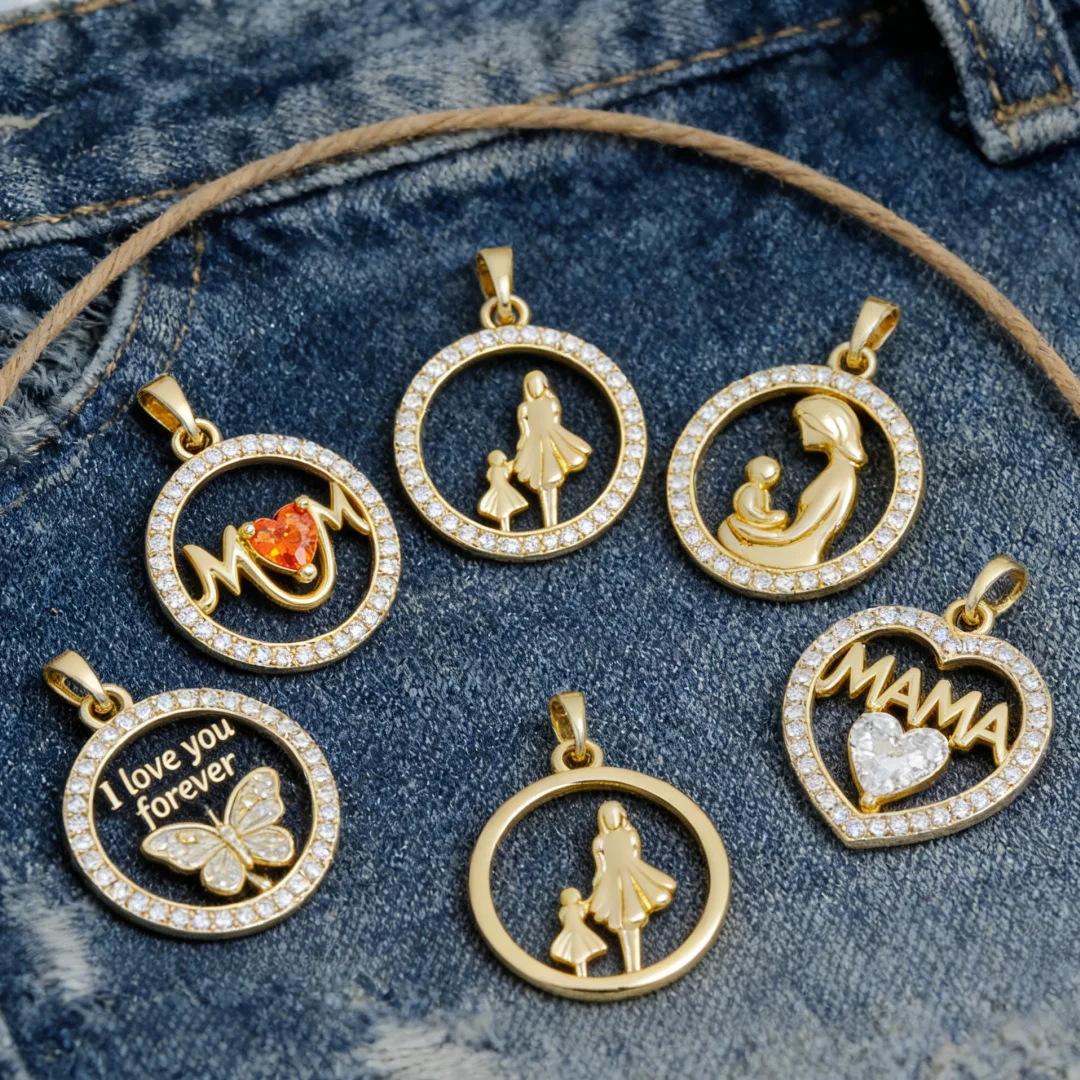 2 Piezas Colgantes de Latón con Diseño de Madre e Hijo, con Incrustaciones de Zirconia, Corazón Redondo Hueco, para Fabricación de Joyas DIY, Collares y Pulseras para Hombres y Mujeres