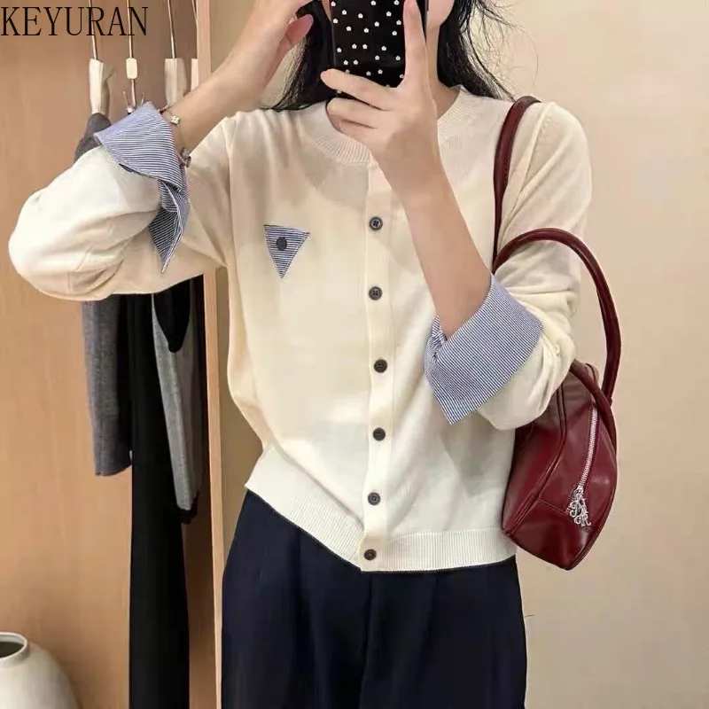 

Shirt Sleeve Splicing Knitted Cardigan Women Autumn Winter Fashion O Neck Long Sleeve Casual Fake Two-piece Sweater Sueter Mujer