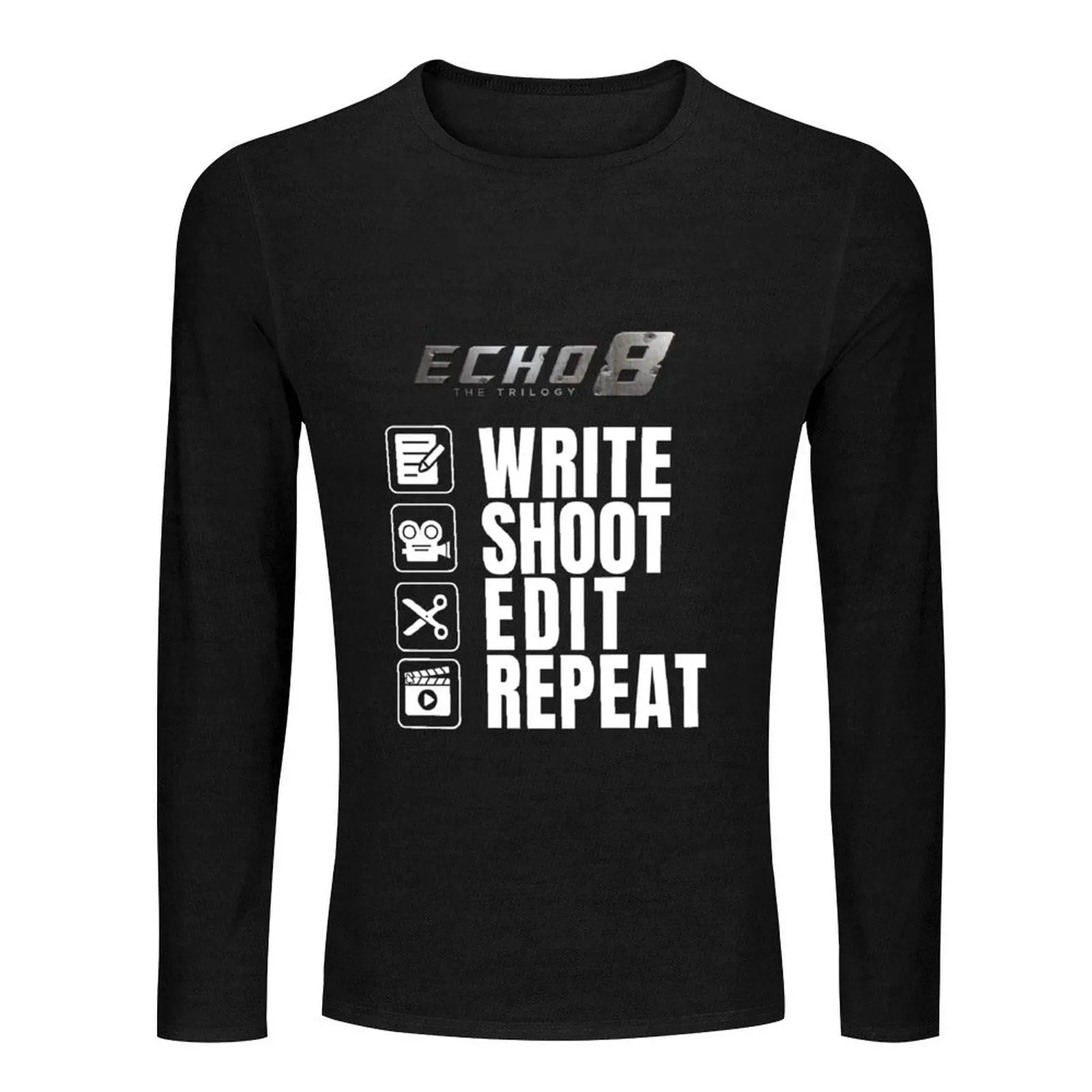 Write, Shoot, Edit, Repeat: Echo 8 Trilogy on Black Long T-Shirt customized t shirts plain black t shirts men