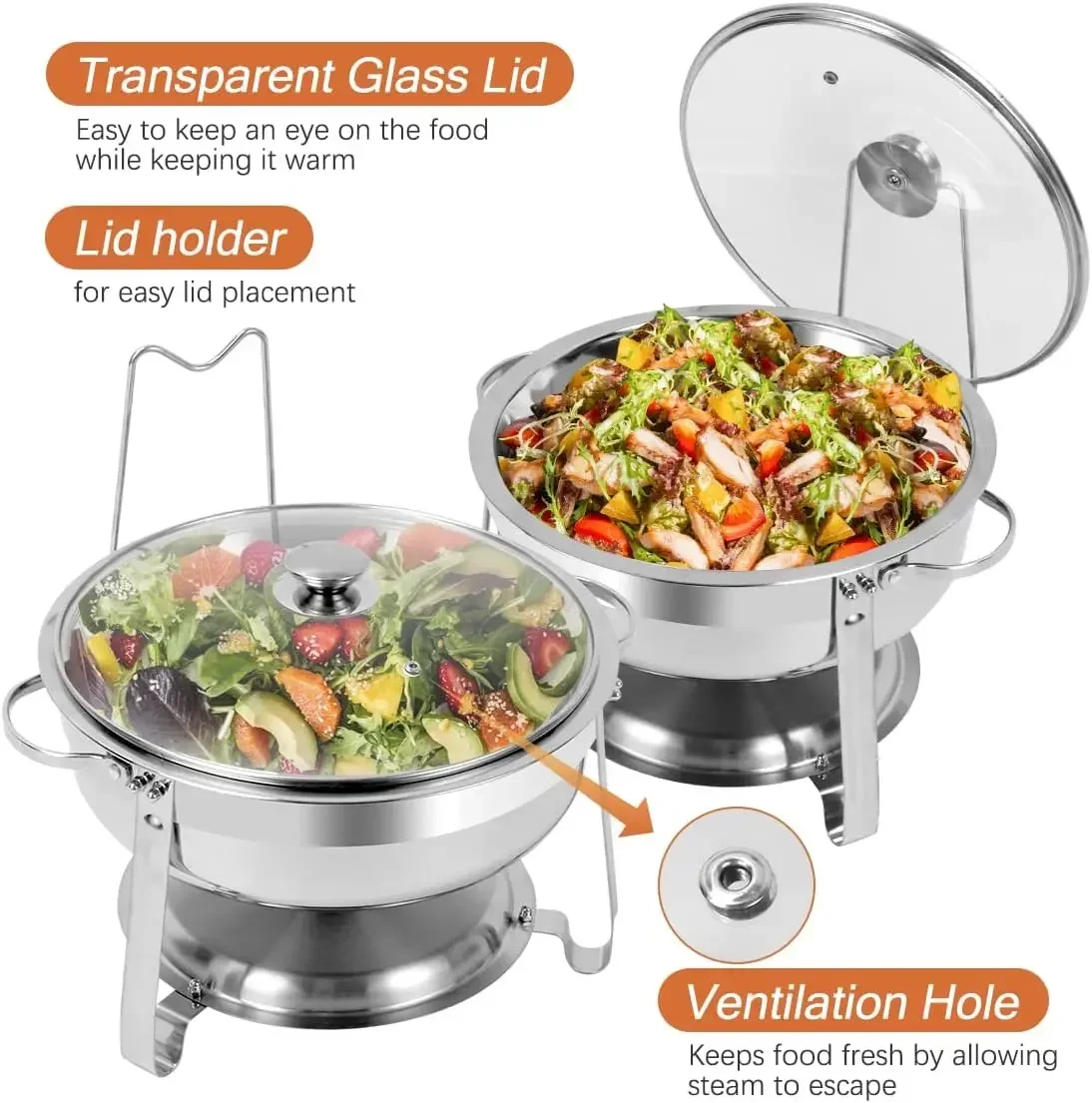 6 Packs Round Chafing Dish Buffet Set, 4 QT Stainless Steel Chafing Dishes with Glass Lid & Lid Holder,