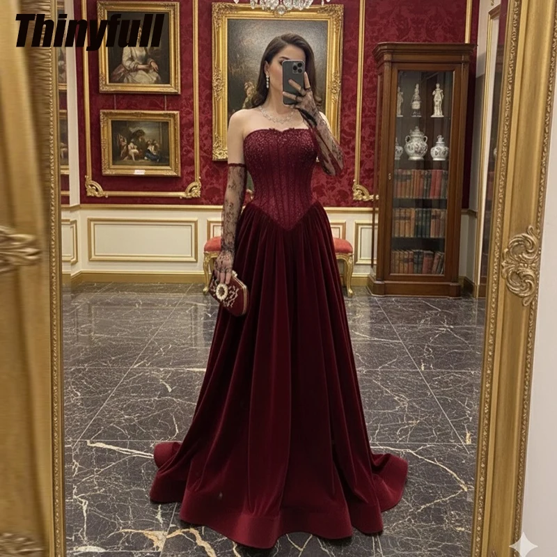 

Thinyfull A-line Arab Satin/Lace Prom Dresses Strapless Sleeveless Evening Gown Dubai Formal Dress robes de soirée Customized